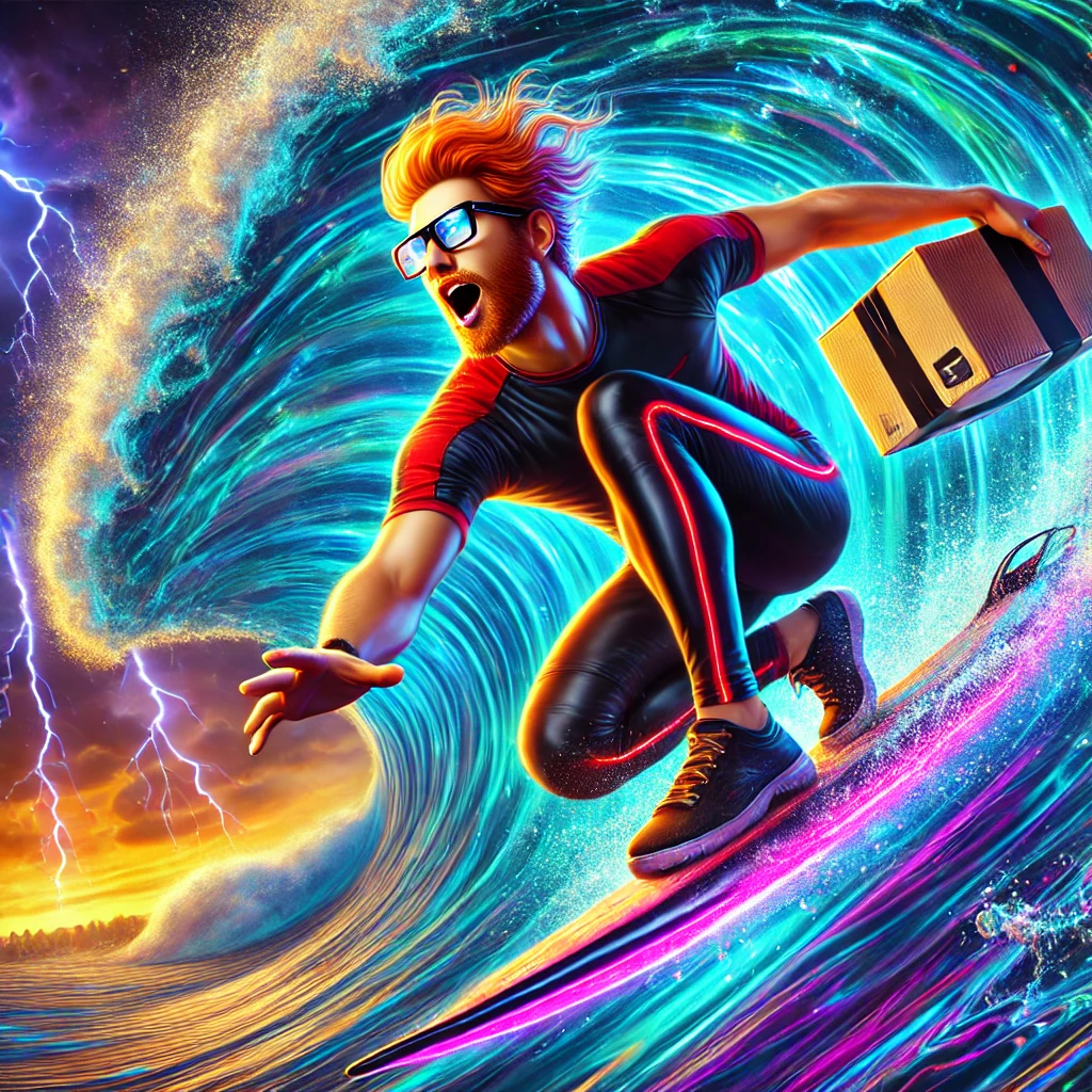 Dall·e 2024 11 12 10.54.31 A Vibrant Image Of A Redheaded Man Wearing Spectacles Surfing On A Sleek Silver Surfboard While Carrying A Small Delivery Package Under One Arm. He's